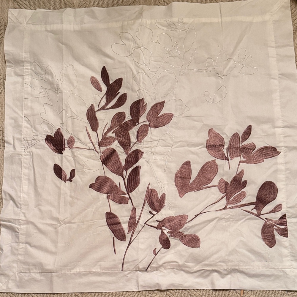 Kas white and brown embroidered pillow sham. 30 inch square. 100% cotton